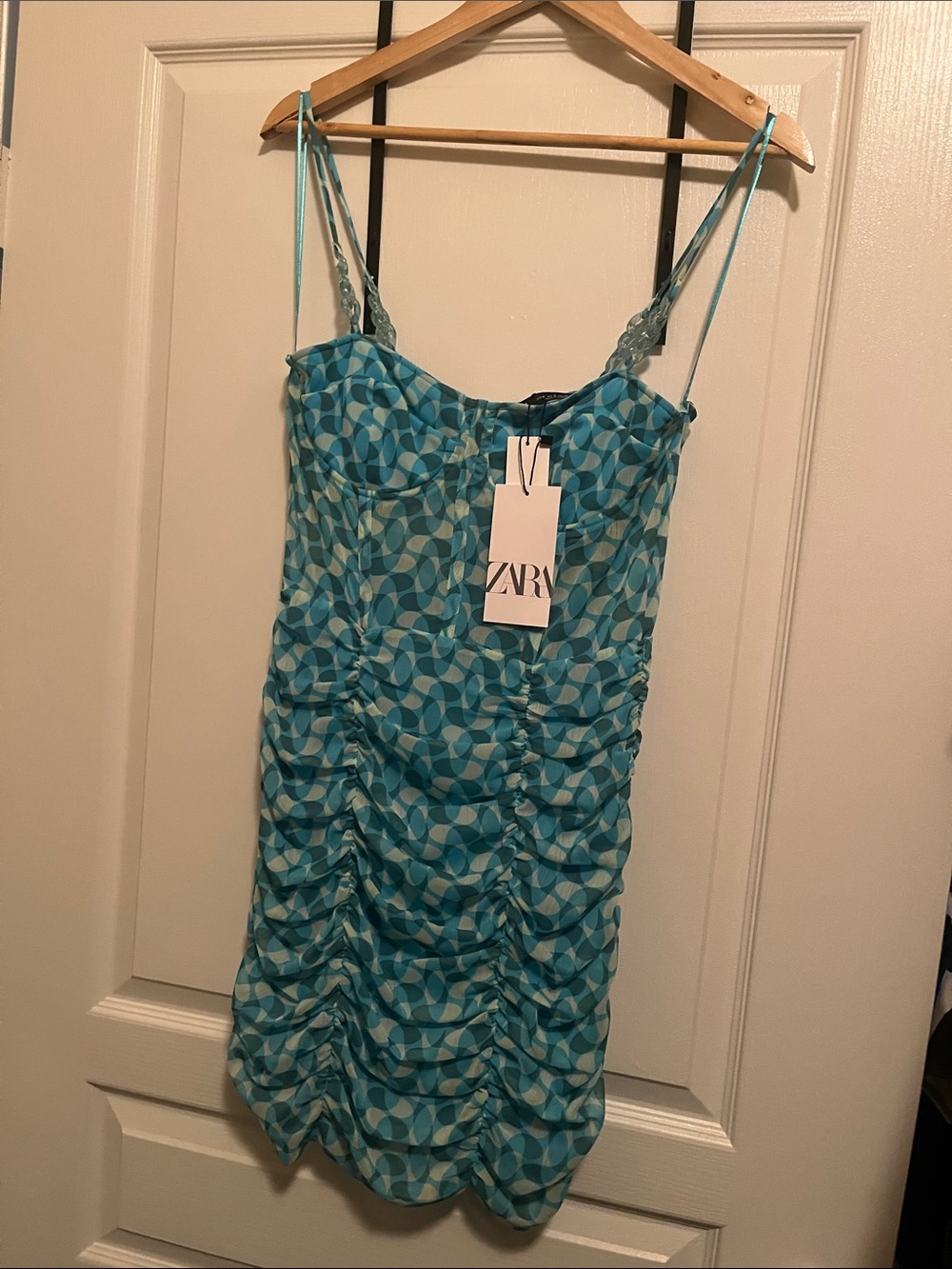 Zara Teal Geometric Ruched Slip Dress